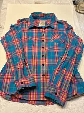 A Fine Mess Live Love Rock Multicolor Plaid Long Sleeve Button-Up Shirt